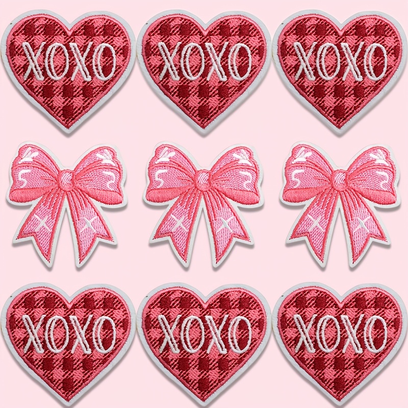 

9pcs Valentine's Day Set, "" Heart & Bow Appliques, Mixed Colors, Iron-on/sew-on For Clothing, Bags, Hats, Diy Crafts