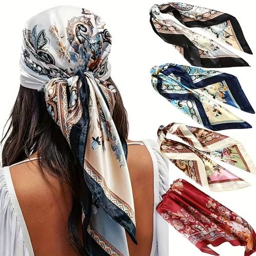 elegante damen-quadrat-schal - 4 stück 35 zoll satin großer turban, vielseitiger schal, schlaf-turban - handwäsche, formstabil, bedruckt batik, ideal für outdoor-accessoires, dekoration windschutz - für herbst winter!