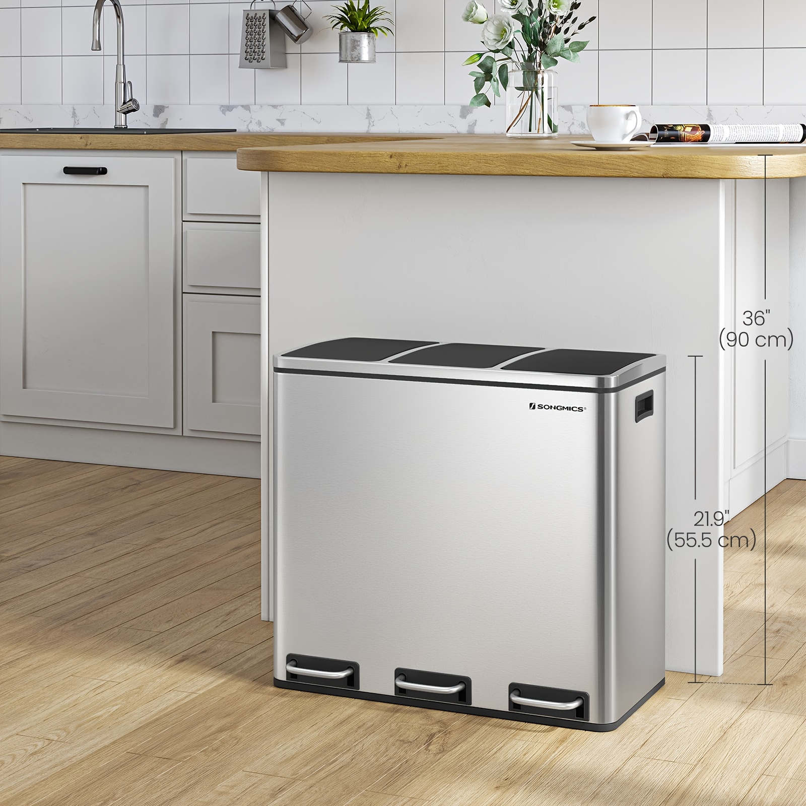 TEMU 3 X 4.8 Gallon (3 X 18l) Trash Can, Recycle Bin With Lids, Pedals, And Inner Buckets For Kitchen, Stainless Steel, Silver And Black