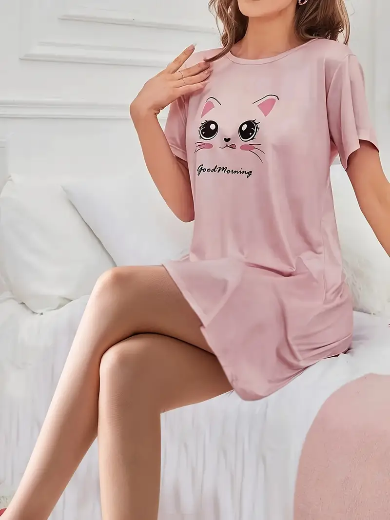 elegant polyester crew neck night dress cute cat alphabet - Temu elegant polyester crew neck night dress cute cat alphabet - Temu