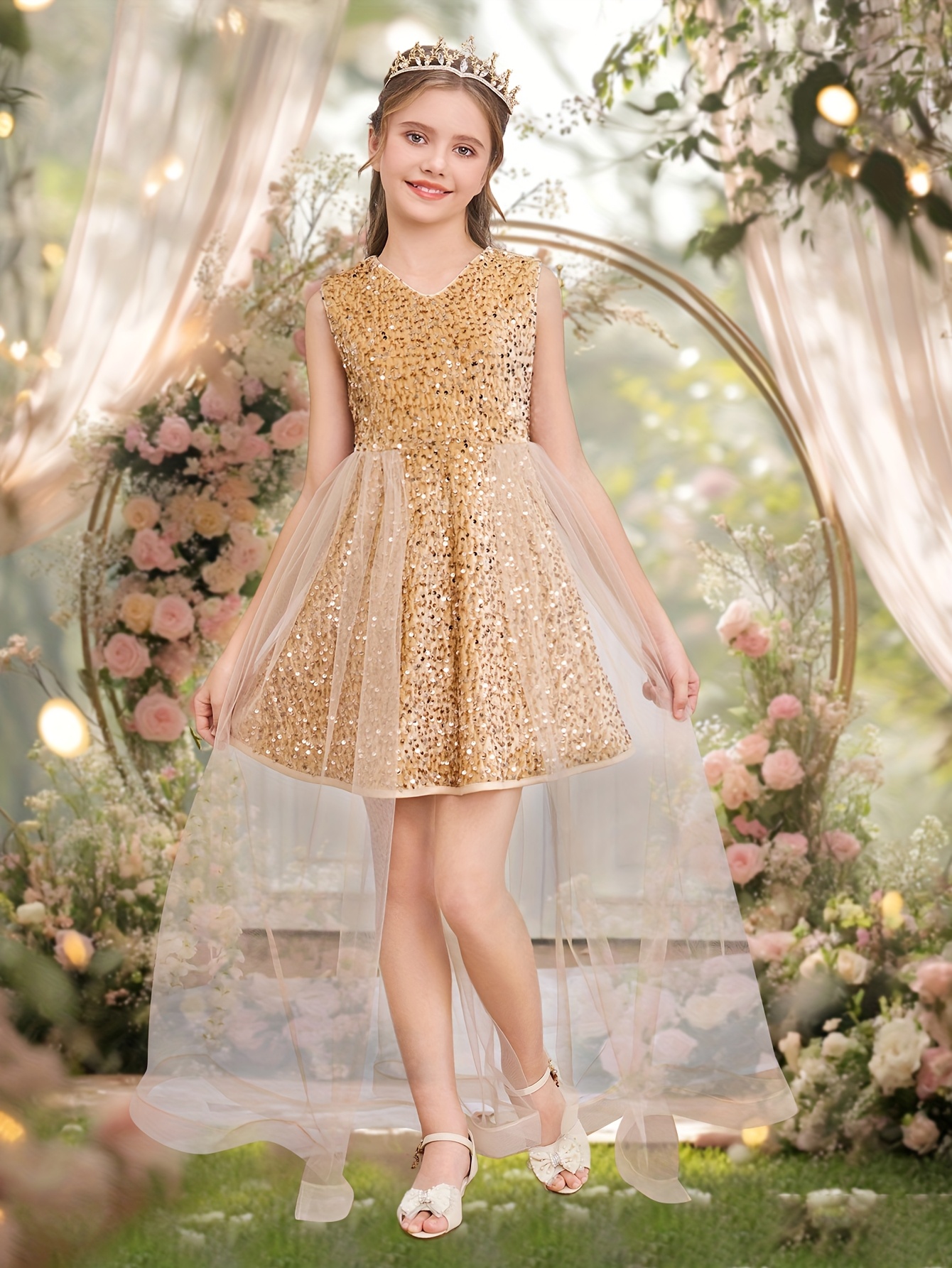slim fit dress slacks Gold Sequin Knee-Length Princess Dress for Girls | Gold / 7-8 Years (140cm)