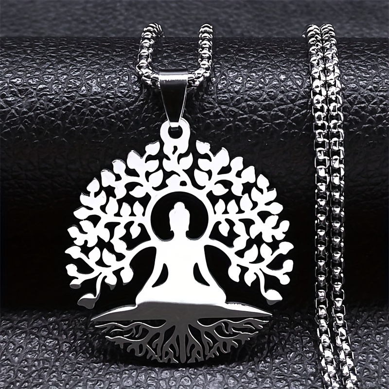TEMU Mod Karakteri Ağacı Meditasyon Kolye - Unisex Paslanmaz Çelik Yoga Takı, Kaplama Yok - Şık Trend Parti Aksesuarı, 1 Adet