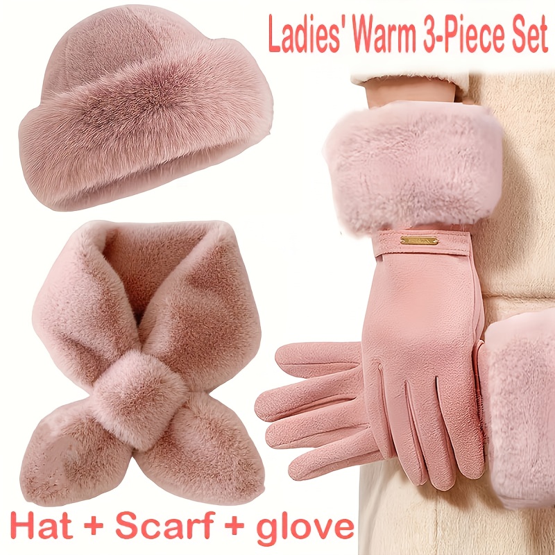 TEMU 3pcs Winter Warm Accessory Set For Women - Polyester Fiber Material, Includes Gloves, Scarf, And Beanie, Suitable For Cold Weather And Outdoor