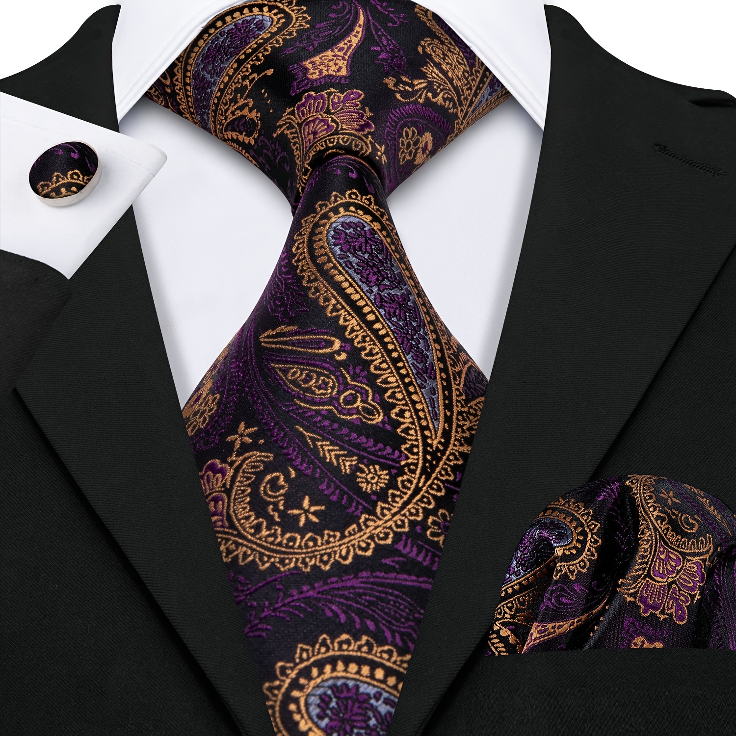 

. 3pcs/set Men's Silk Classic Paisley With Hanky And Cufflinks For Business & Wedding