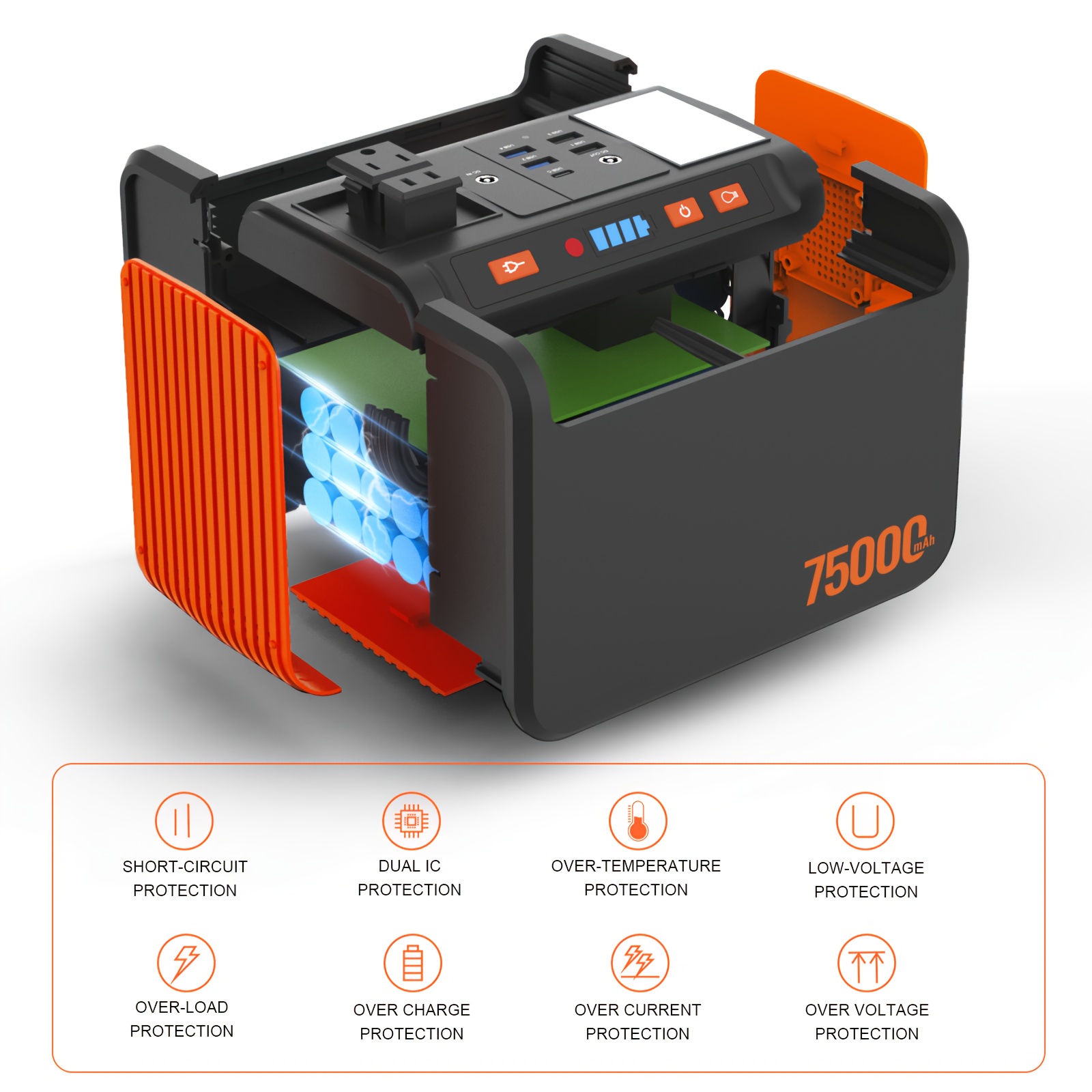 272 222 111 88wh portable power station with 40w solar panel compatible 72000mah lithium battery 2x 110v ac outlets usb   display led light over voltage over current over heat over temp over vibration protection lithium battery power bank for camping emergency backup rv outdoor home solar powered generator with usb c fast charging compact portable design portable power station with solar panel solar battery solar generator with panels included Product details 6