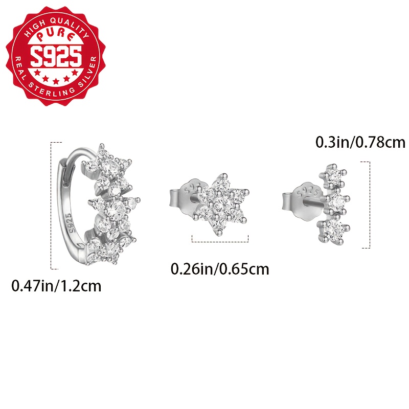 3pcs Set 925 Sterling Silver Stud Earrings with Synthetic Zirconia