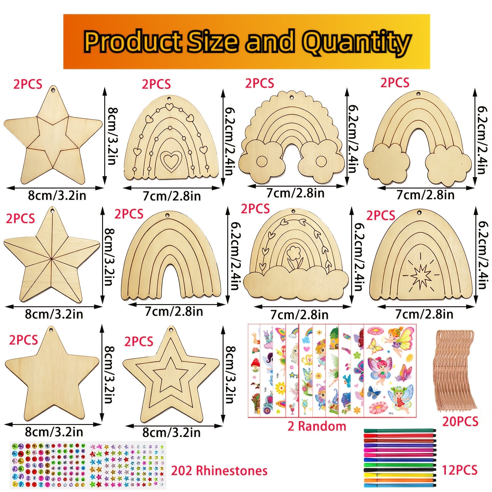 Image of 256pcs Theme Craft Kit, Craft Set, Craft Kit, Birthday Craft, Wooden Craft, Includes 20pcs Wood Pieces, 20pcs Strings, 202pcs Beads, 12pcs Pens, Random 2pcs Decorative Stickers