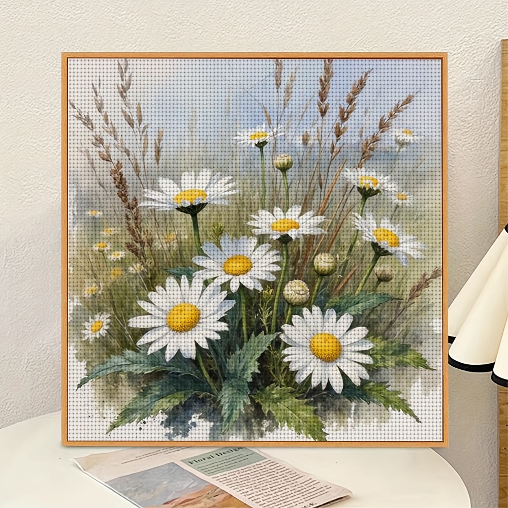 11CT Frameless Cross Stitch Kit, Watercolor Daisies & Grasses