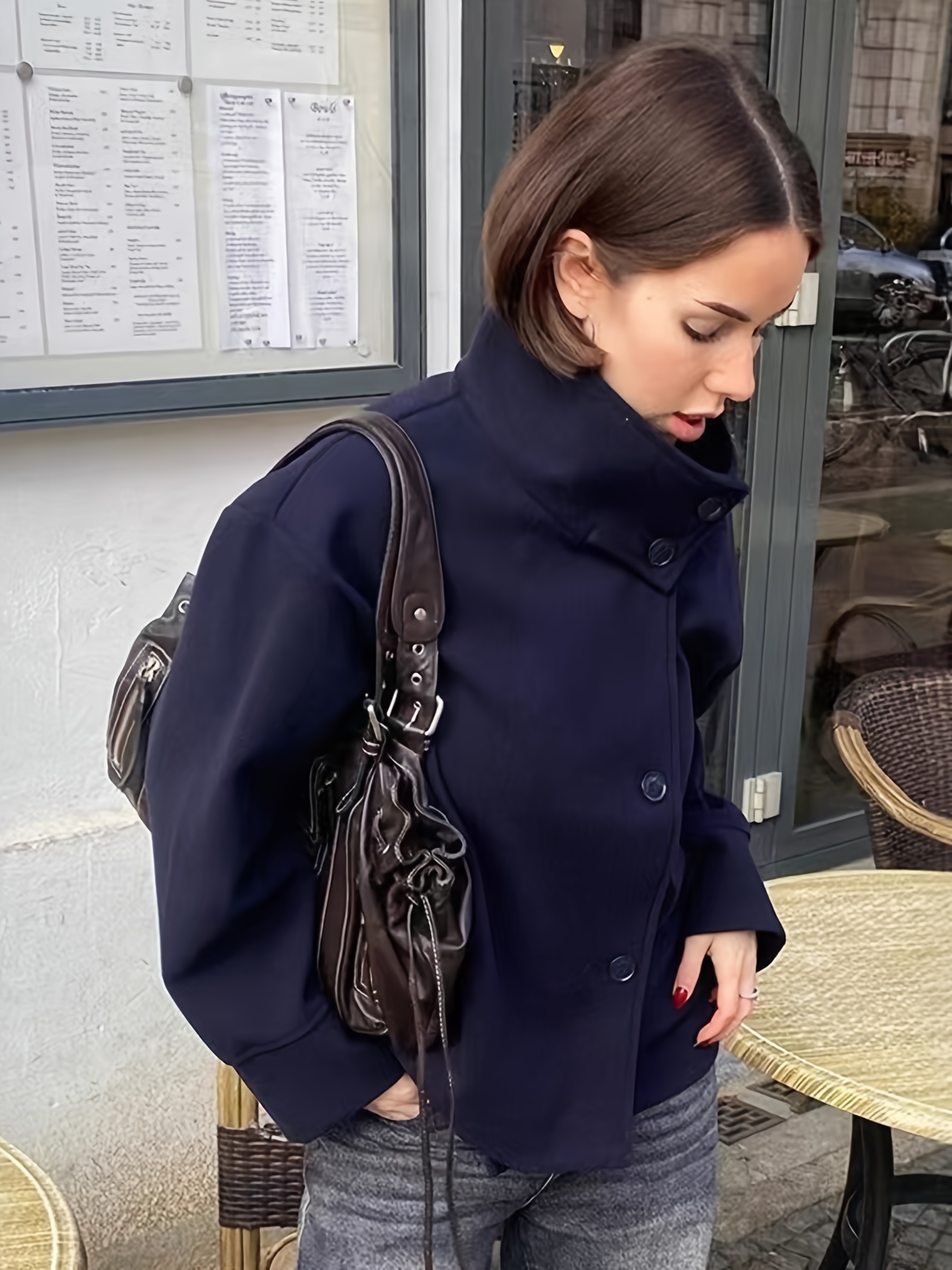 womens casual elegant stand collar short jacket navy blue