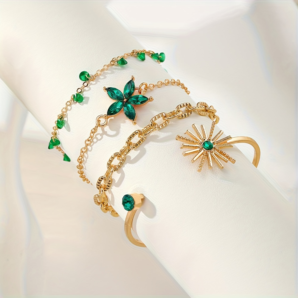 TEMU Conjunto de 4 piezas de lujo , exquisito, con colgante de flor de diamantes de verde, juego de pulseras para mujer, joyería para fiestas y