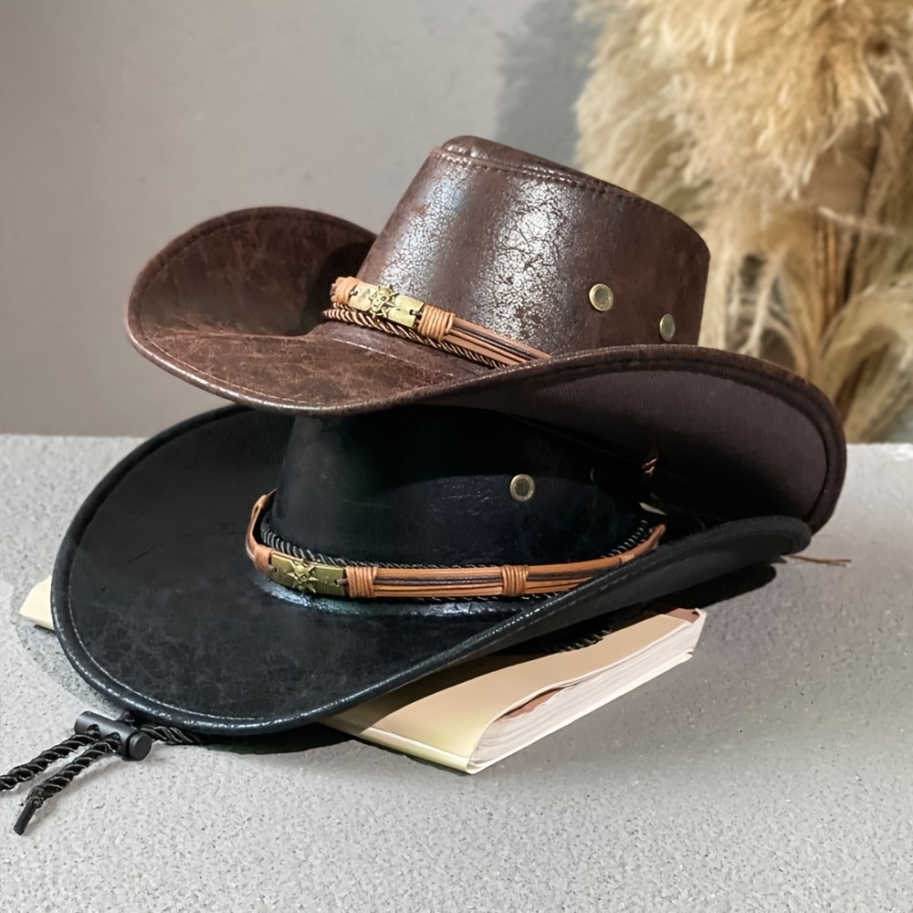 

Rustic Leather Cowboy Hat For Men And Women, Retro Western Style Hat With Ethnic Band And Skull Accent, Durable Outdoor Sun Shade Headwear, Unisex Jazz Hat