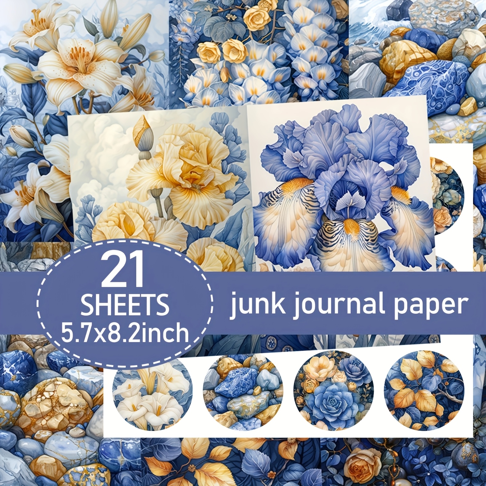 TEMU 21 Vellen ( + stickers) A5 Vintage-geïnspireerd Blauw en Geel Papieren Set, Valentijnsdag Junk Journal , Handgemaakt Junk Journal en Decoratief