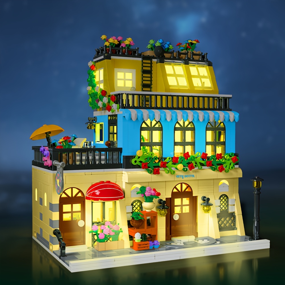 

City Restaurant Architecture Building Kit With Led Light, 1489 Pcs 3 Levels Restaurant Building Toys Building Blocks Set City Building Blocks For Adult Teen 14+