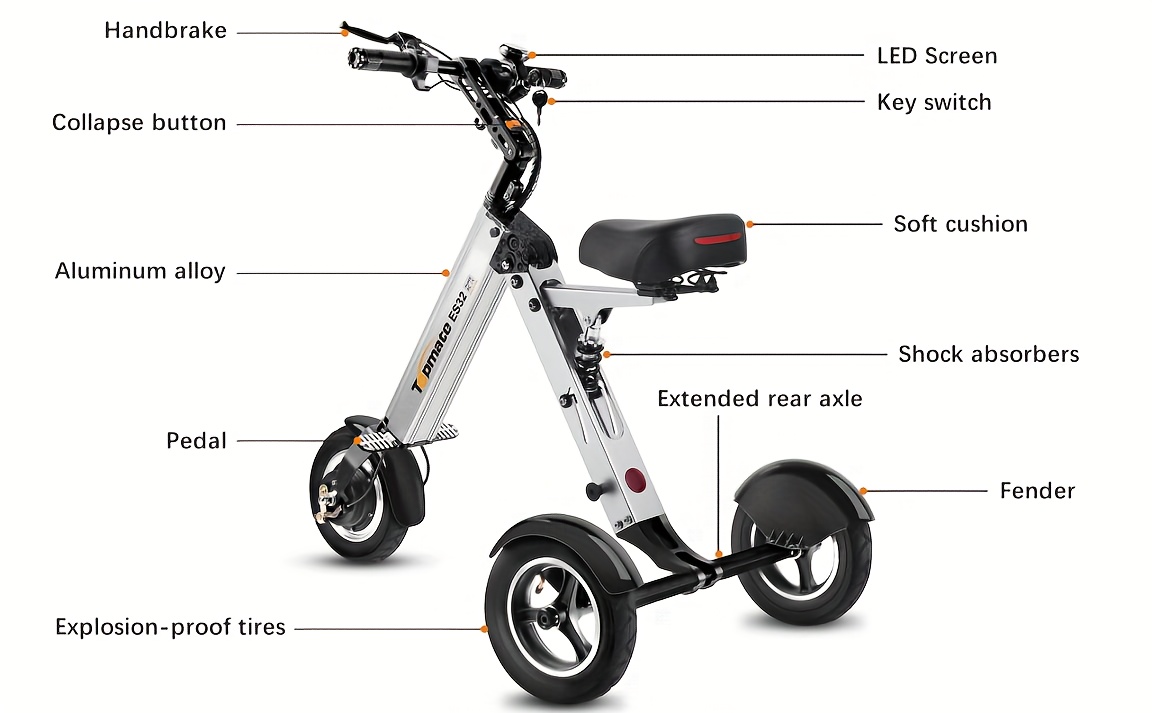  es32 electric scooter 3 wheels foldable trike with seat for adults light weight mobility with reverse function and key switch 10 inch pneumatic tires tricycle for commute and travel details 2