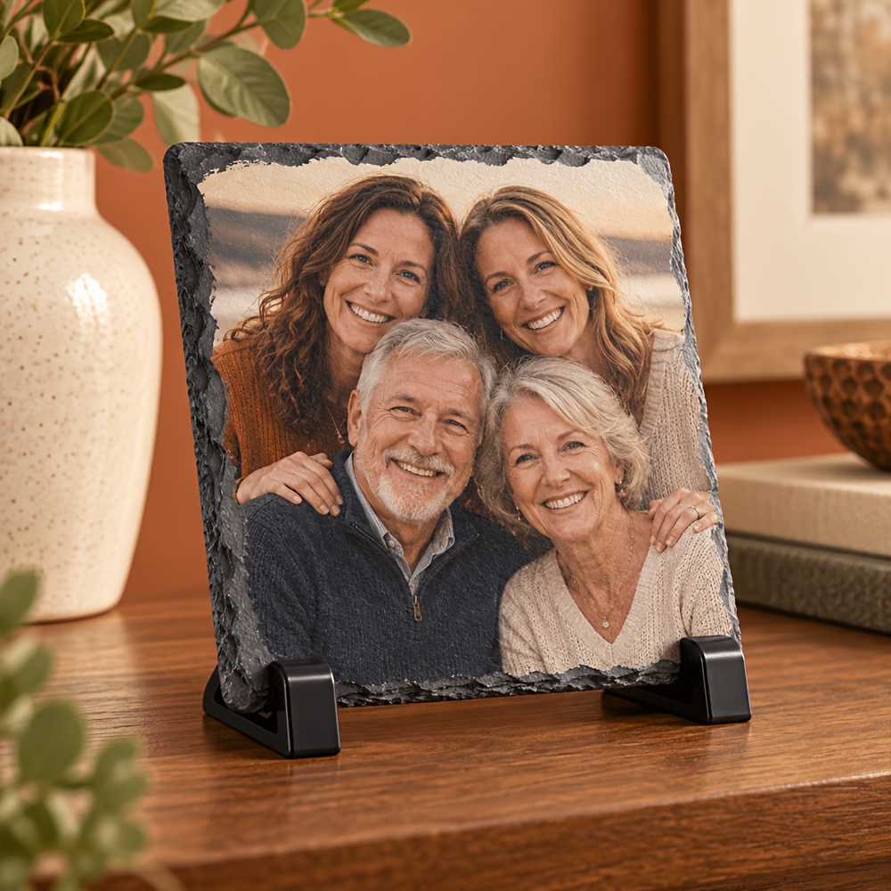TEMU Customized Rock Slate Photo Frame With Display Stand, Uv Printed Personalized Picture Stone For Family Memories, Housewarming, Graduation,