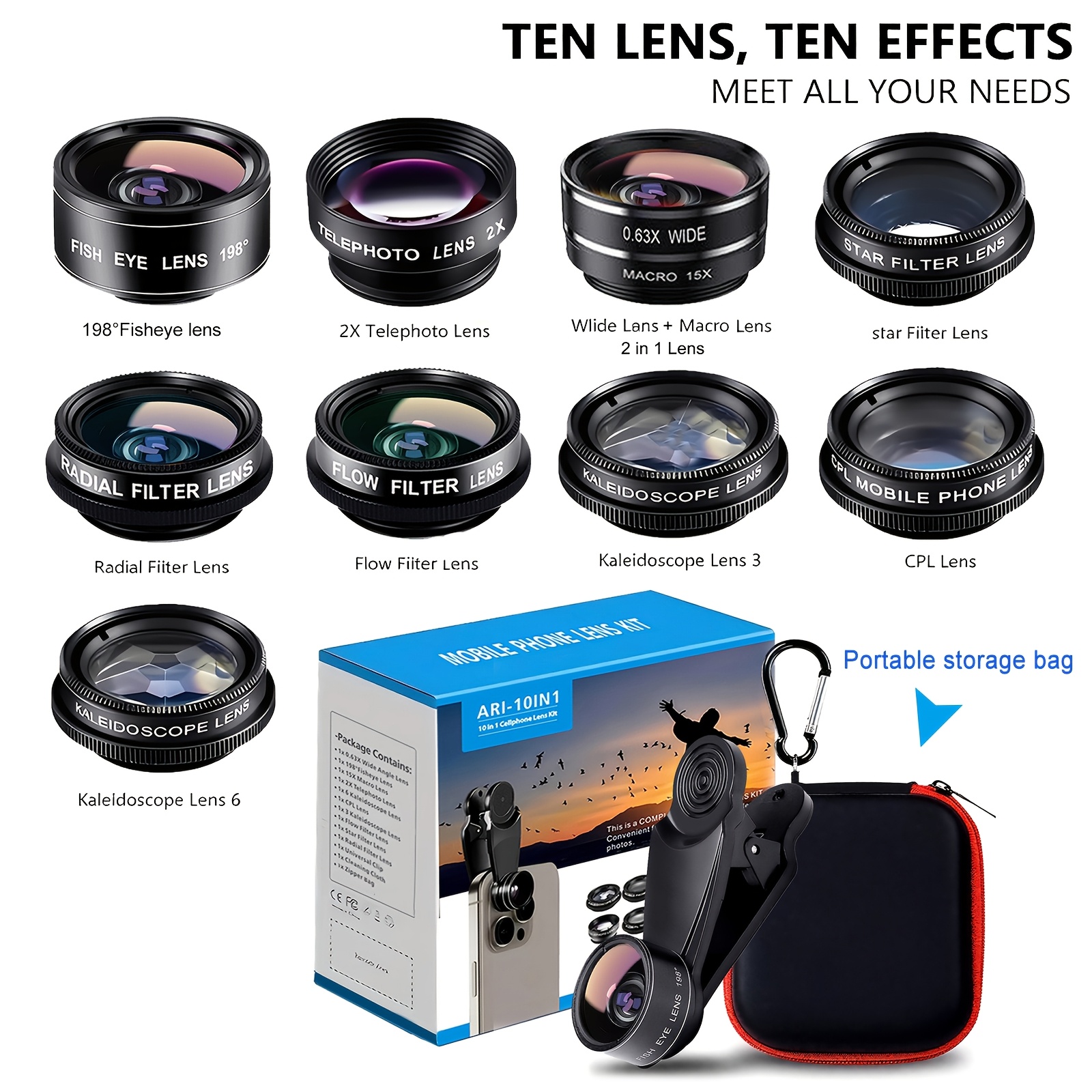TEMU Kit de Lentes Móviles 7 en 1//11 en 1 Nueva Versión - un Accesorio de Fotografía , Lente Macro, Lente , Lente , Lente , CPL, Filtro de Estrella,