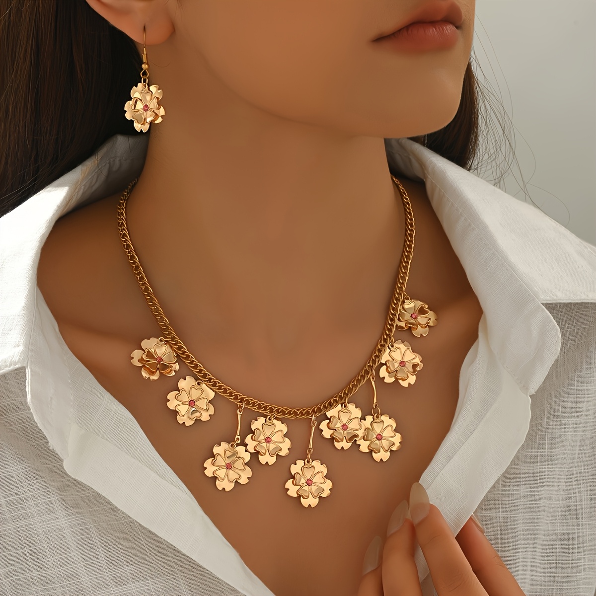 2pc Seasonal Flower Pendant Jewelry Set, Necklace & Earrings