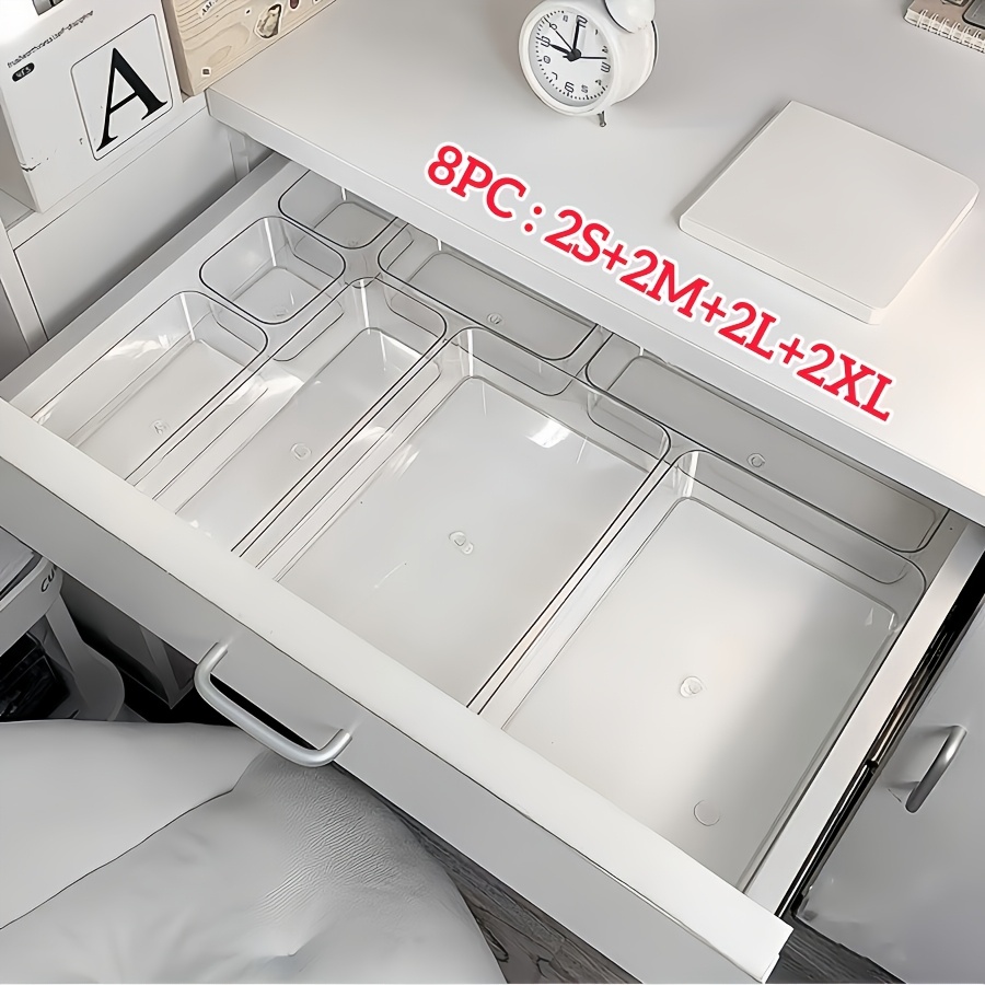 Image of 8/9pcs Set Of Transparent Acrylic Cosmetic Storage Boxes, With Built-in Dividers For Drawer Organization, And Desktop Office Stationery Storage Boxes, Desk & Drawer Organizer For Home Storage