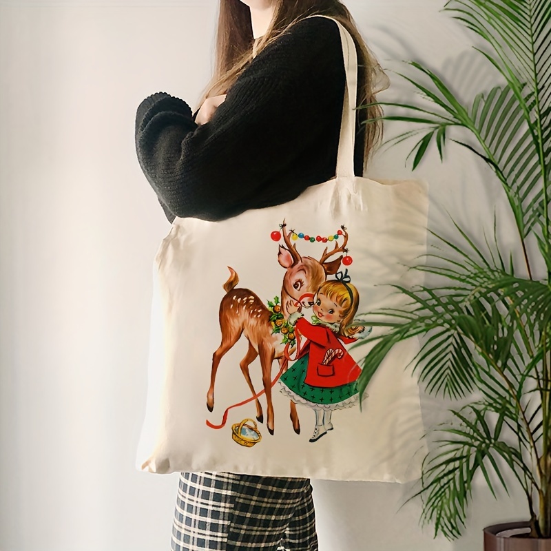 

Vintage 1950s Girl & Reindeer Christmas Canvas Tote Bag - Leakproof, Foldable Shoulder Bag For Daily , Shopping, Travel - Perfect Gift For Her, Ideal For Holidays, Thanksgiving