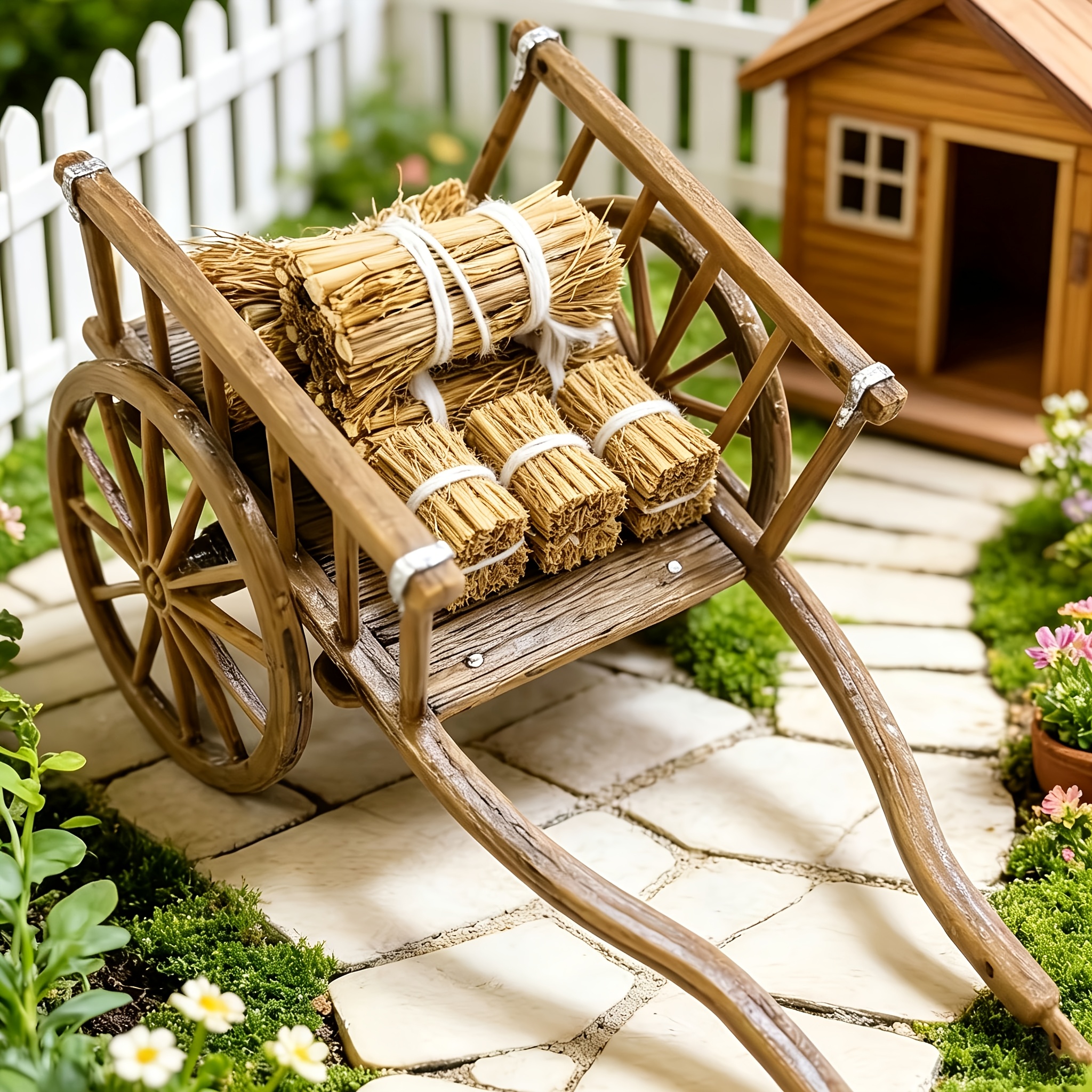 TEMU 6pcs Architectural Scene Wooden Cart Set, 5 Bundles Of Firewood And Sliding Hand Truck, Suitable For Decorating Buildings, Farms, Etc. The Cart