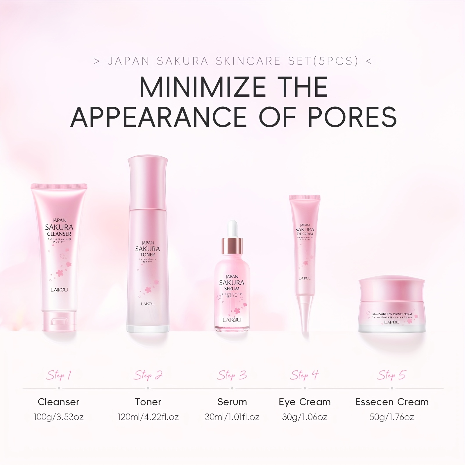 Poklon set za svakodnevnu njegu kože Sakura, uključuje gel za pranje lica 100g, tonik 120ml, serum 30ml, kremu za područje oko očiju 30g, dnevnu i noćnu masku za lice 50g, duboko hidratantno