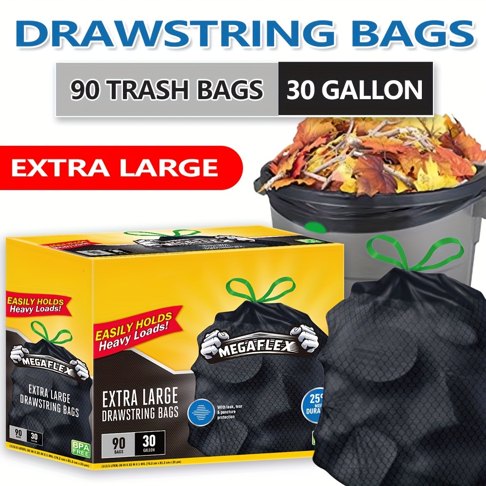 

Disposable Non Tear Large Drawstring Trash Bags, 30 Gallon Black For Large Kitchen Trash Can, 90 Count 113.5l Multipurpose Cleaning Supplies For Industrial, Garden, Home, Commercial - , Leak-proof,