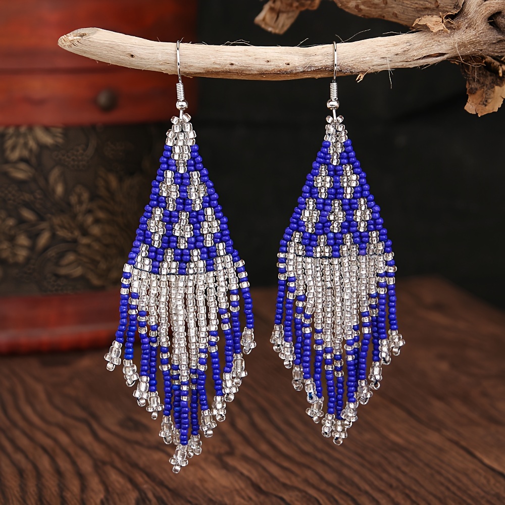 

Boho-chic Handmade Beaded Tassel Earrings - Stainless Steel Hooks, Perfect For Vacation & Everyday Wear