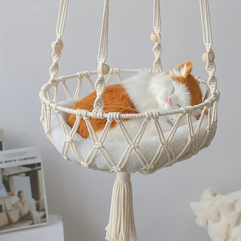 

Chew-resistant Linen Cat Hammock Swing Bed, Handwoven Rope Hanging Basket, Comfortable Indoor Pet Cradle For Cats