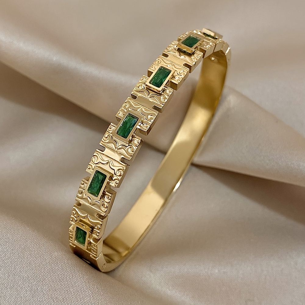 

Vintage Inlay Green Zircon Rectangle Stainless Steel Bangles Bracelets For Women Statement Wrist Waterproof Jewelry Christmas Gift