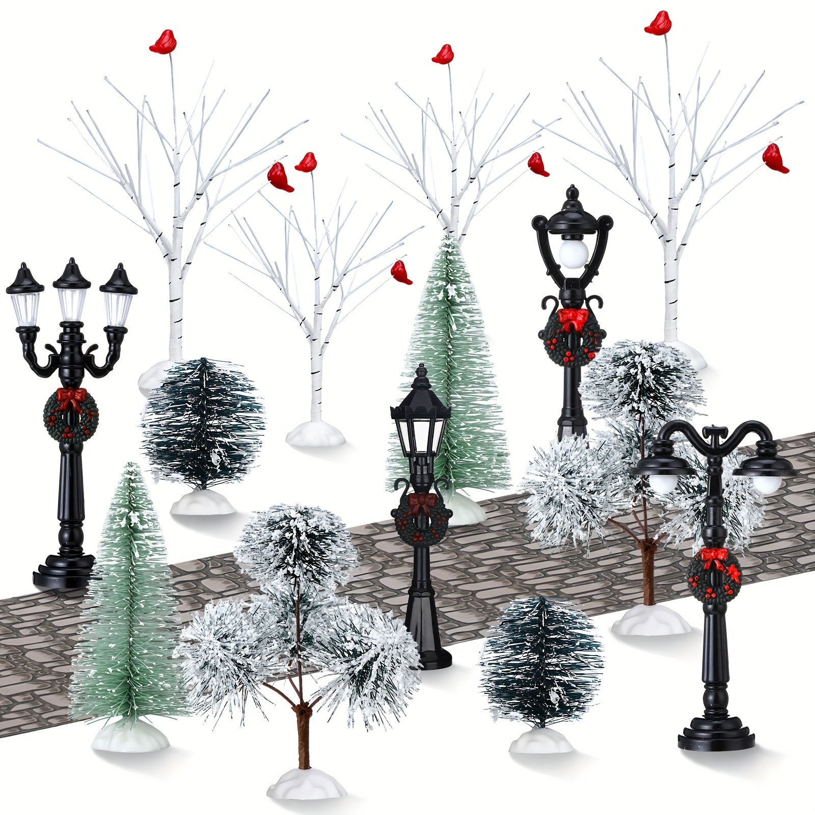 TEMU 2d Flat, 15pcs Christmas Figurine Pine Trees Snow Artificial Christmas Trees Branch Trees Lamps Street Figurine For Winter (elegant)