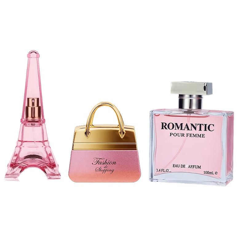 Image of Set Of 3 Bottles Of Women's Perfume: , Pink, And Handbag Pink. A Pink With Long-lasting Fragrance, Perfect For A Who Beauty. An Ideal Birthday Gift For A Girlfriend