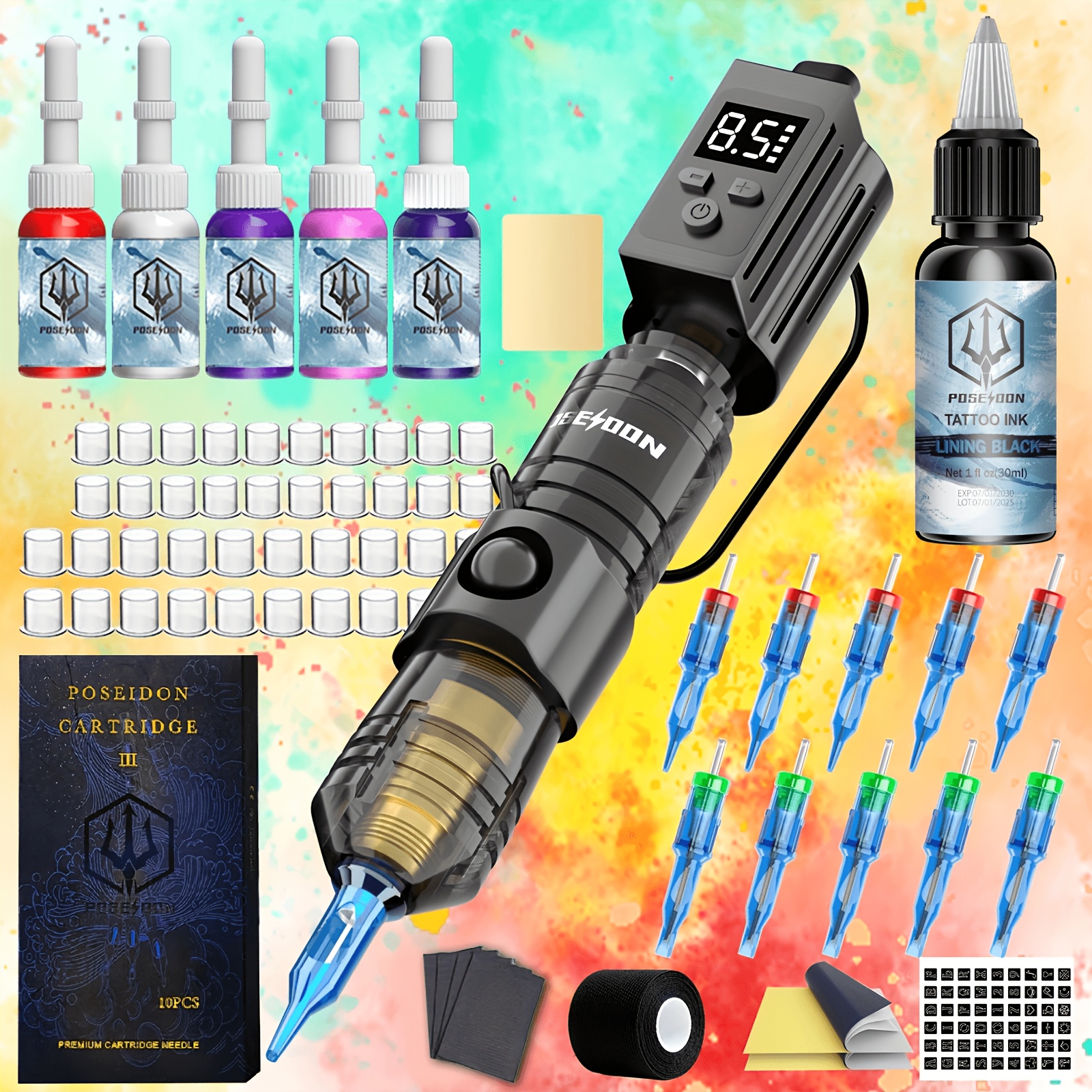 Image of Poseidon Complete Rotary Tattoo Machine Kit With Digital Display And 1200mah Battery - Cordless Wireless Tattoo Gun With 10 Needles And Cartridges Complete Tattoo Kit Practice Tattoo Ink For Fake Skin
