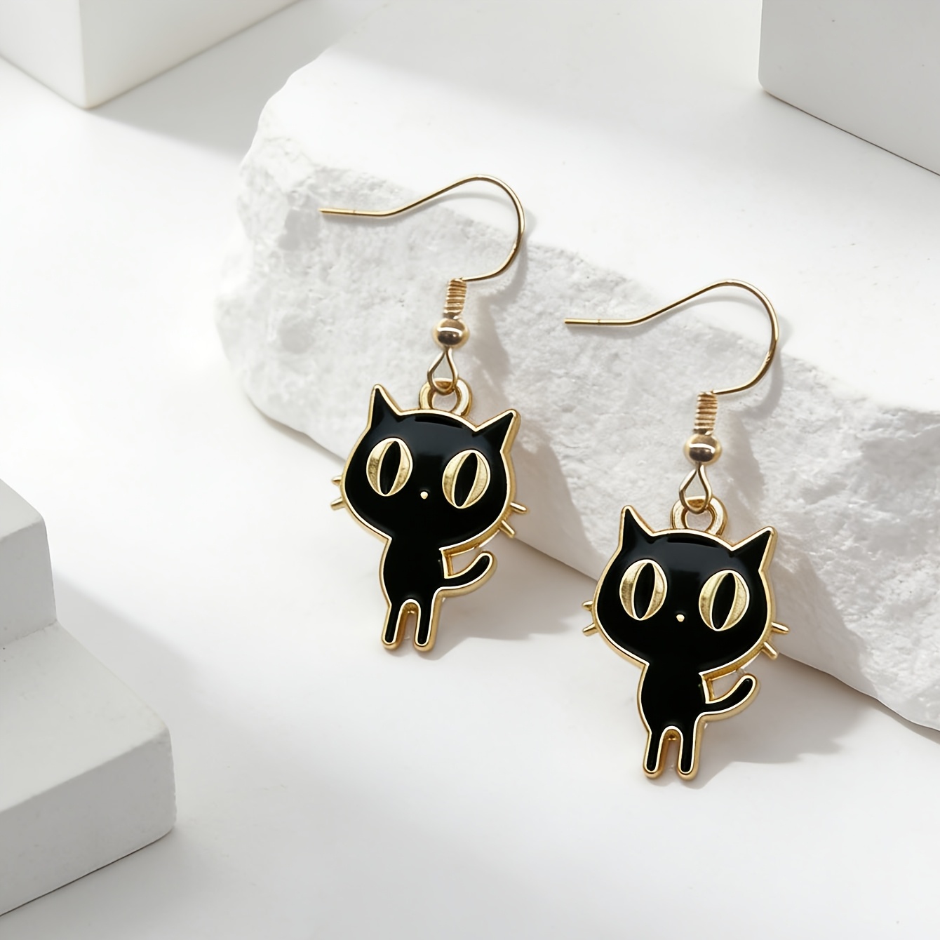 Kitten with Golden Ear Hooks Earrings — Suitable for Daily Wear