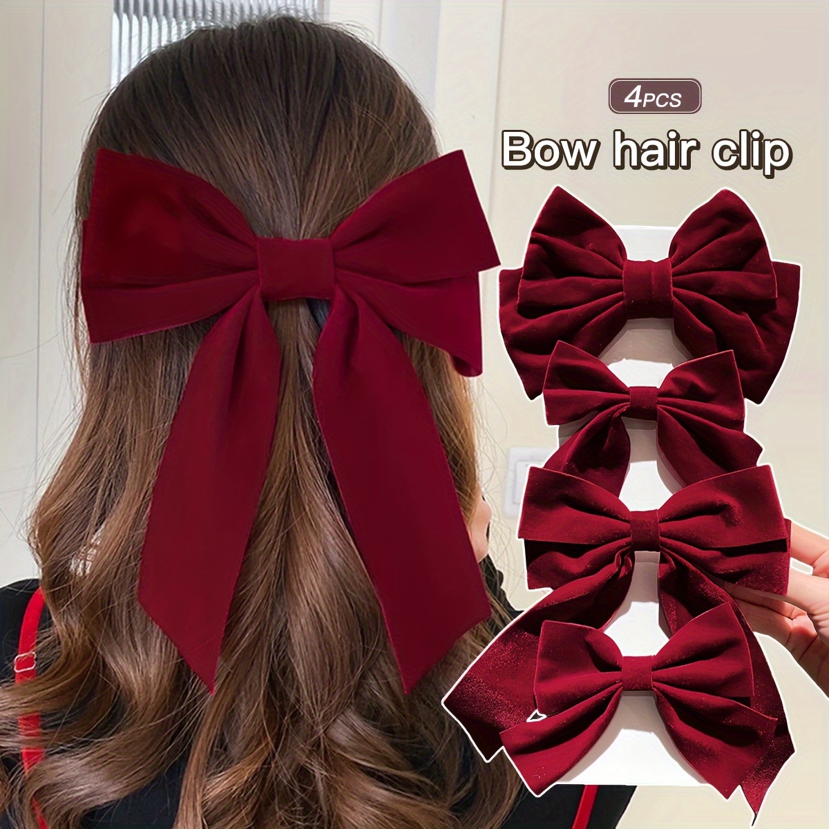 

4pcs Velvet Red Bow Hair Clips, Elegant Hair Accessories, Hair Bowknot Clips, Solid Color Hair Clips Set For Women