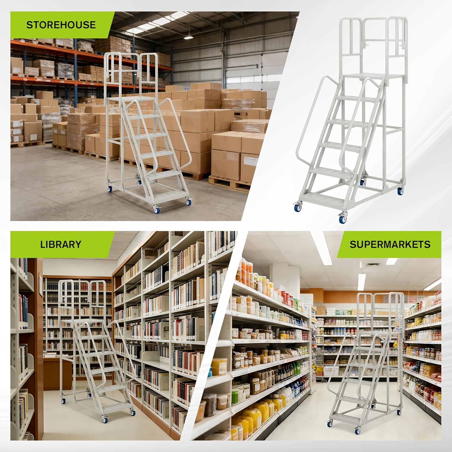 a 6 step rolling ladder measuring 24 inches wide and 90 inches high featuring dual handrails and lockable wheels   of supporting up to 1200   this heavy duty mobile   is ideal for use in   supermarkets Product details 7