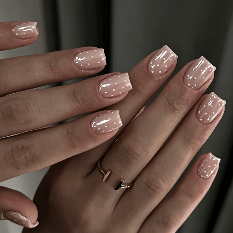 TEMU Celebrity Wearable Nail Stickers 24pcs Short Square Nails Nude Polka Dot Pearlescent All-match Elegant Design False Nails Extendable Removable