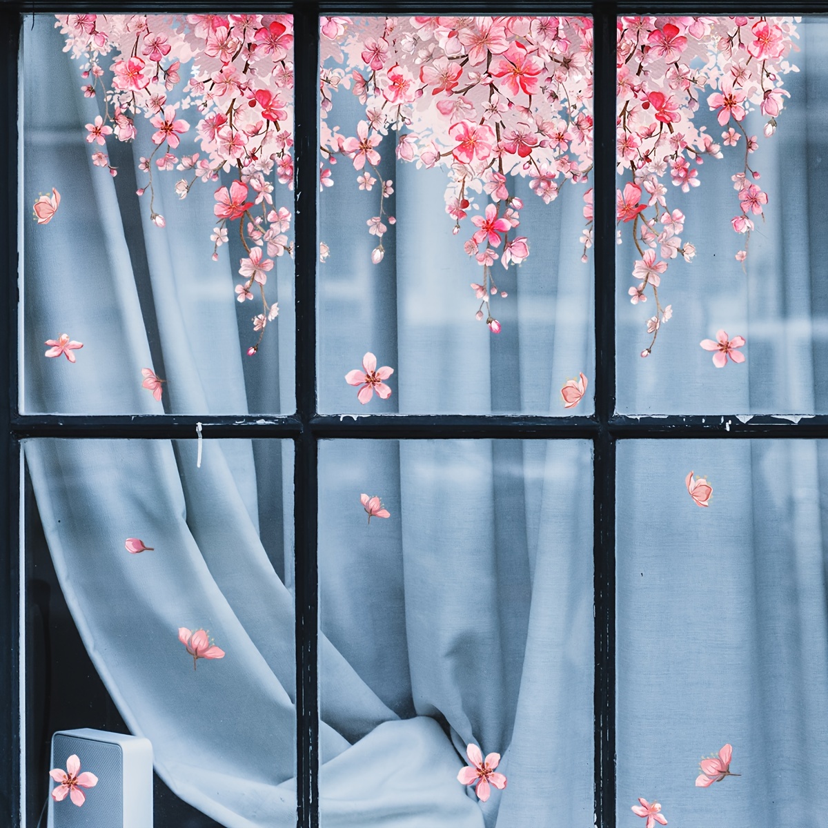 

1pc Cherry Blossom Window Clings, Pink Floral Static Decal, Double-sided Print, Home Wall Sticker, Transparent Plastic, Decorative Glass Door Film For Home Decor