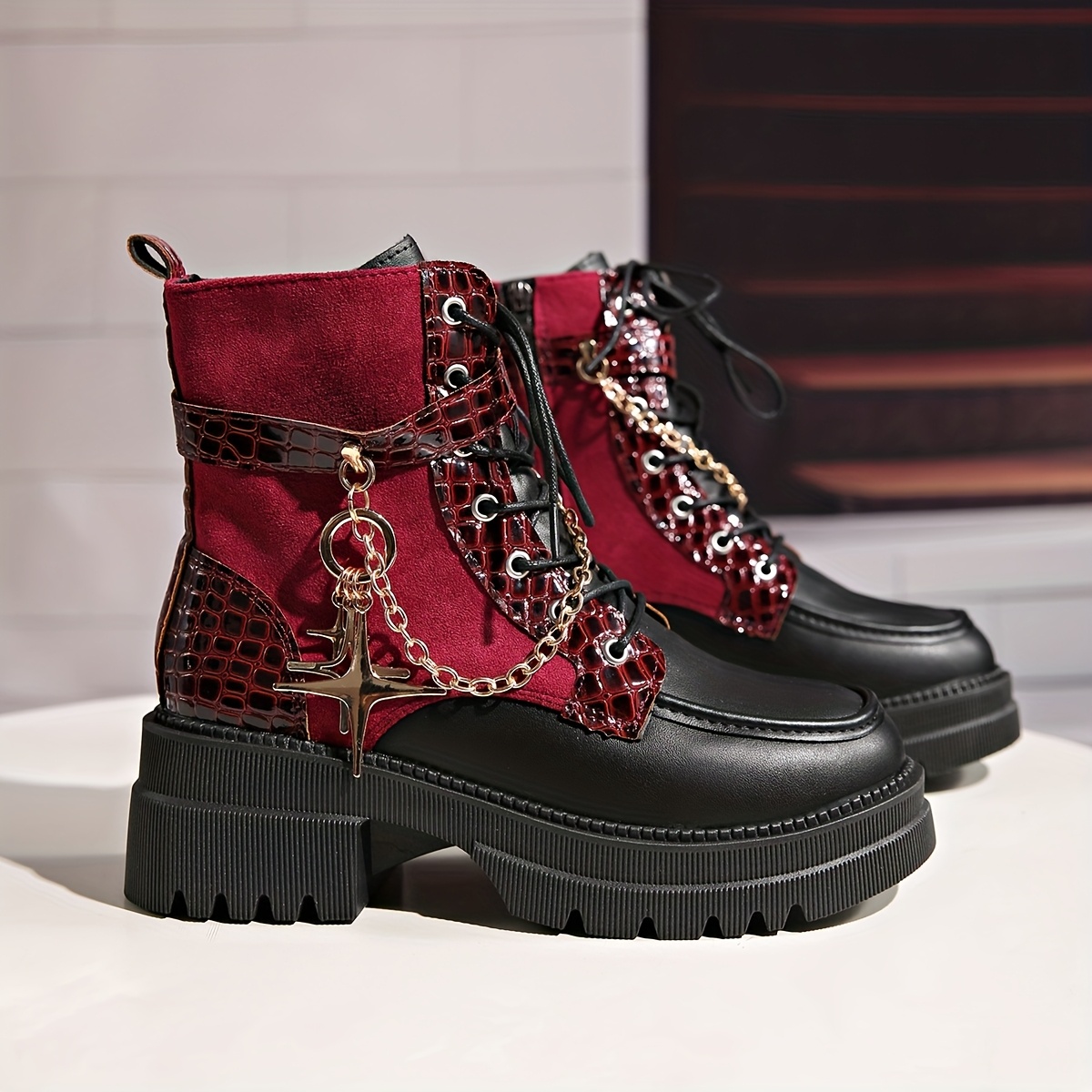 Black Studded Ankle Boots with Red Heel Accent CHANNING-MULTI BLOCK BOOTIE | AZALEA WANG main image 4