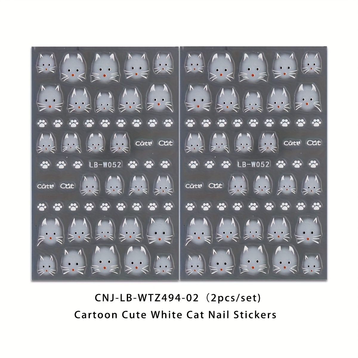 Image of 2 Cartoon Cat Nail Stickers - Cartoon Cute Cat , Cat Footprint Art Design, Suitable For Women', Wedding, And Festival Disposable Adhesive Nail Decoration Stickers