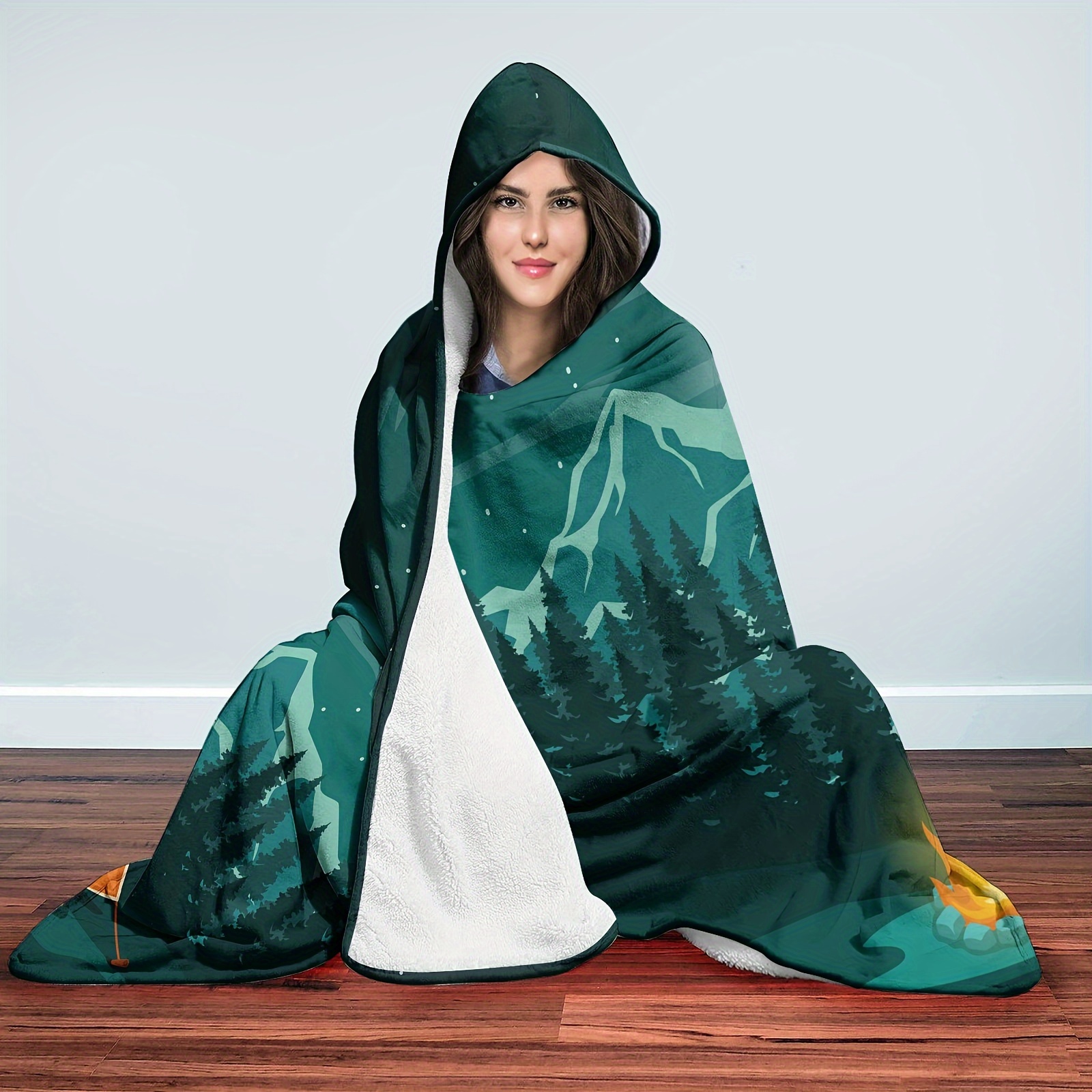 TEMU Couverture à capuche motif camping ouverte 1pc, imprimé numérique, couverture en flanelle, couverture chapeau magique, couverture douce et