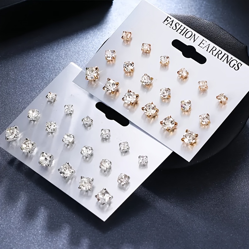 

Sparkling 9 Pair Classic Stud Earrings Set For Women, Rhinestone Decor Shiny Minimalist Style Stud Earrings Set, Perfect For Daily Wear And Festival Celebrations