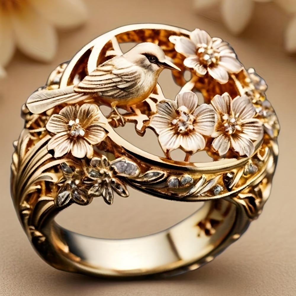 Women's Elegant Flower & Bird Pattern Carved Ring, Handmade Copper