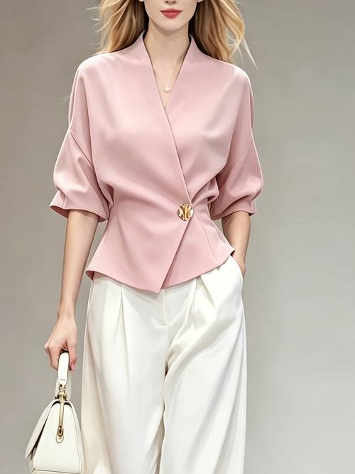 item picture elegant commuter lapel waist cinching blouse light luxury satin five quarter sleeve fit cropped top