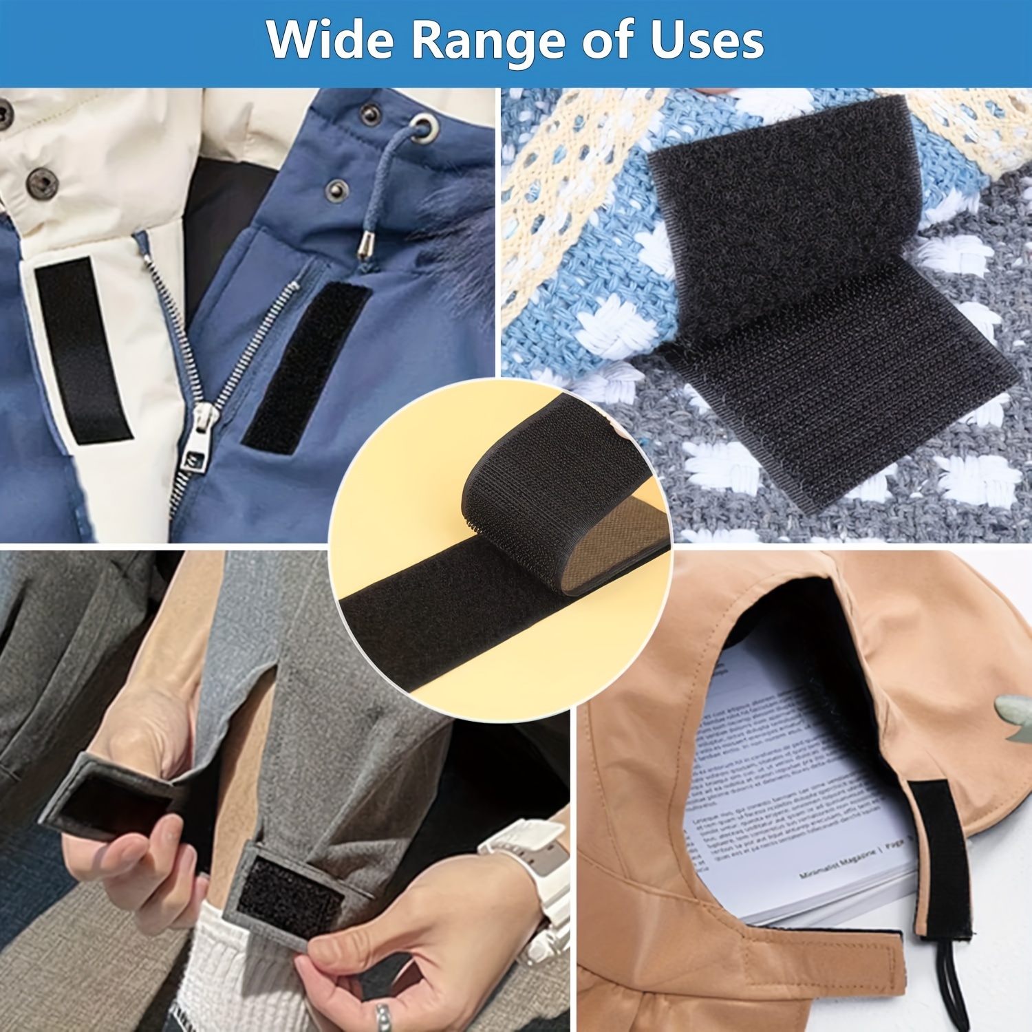Lot De 6 Bandes Velcro Noires à Coudre - 20x30 Cm, Nylon, Réutilisable Pour Vêtements, Tissus