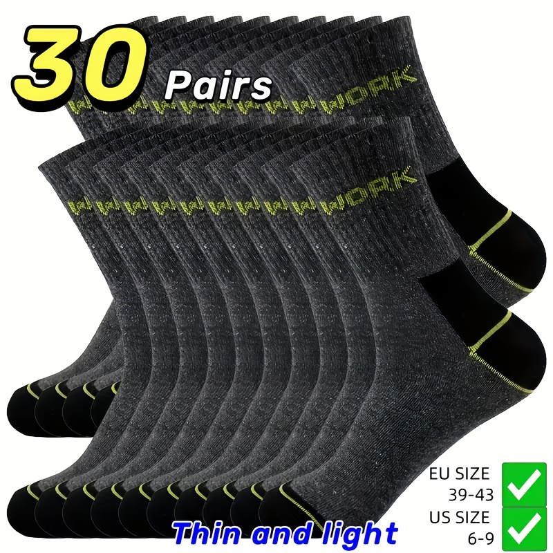 TEMU 30 Paar atmungsaktive, mittelhohe Sportsocken für Herren - Feuchtigkeitstransportierende Sportsocken mit WORK Buchstaben Design, elastische