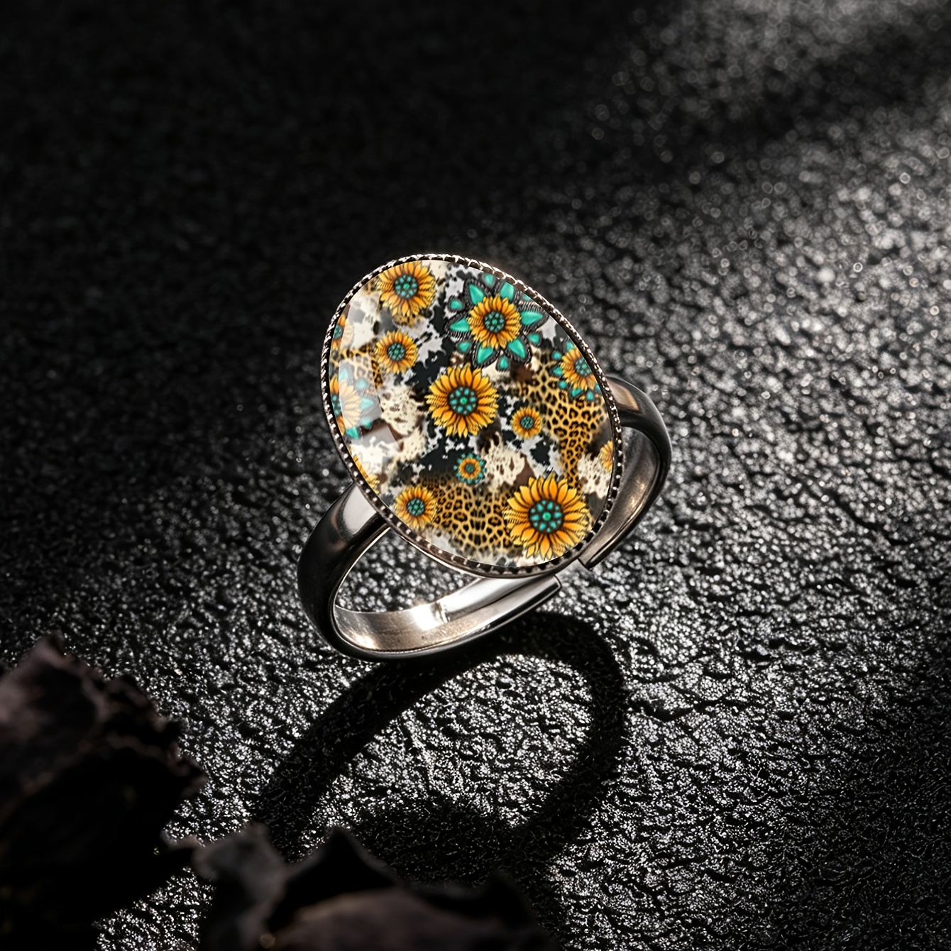 American Western Sunflower Leopard Print Stainless Steel Ring