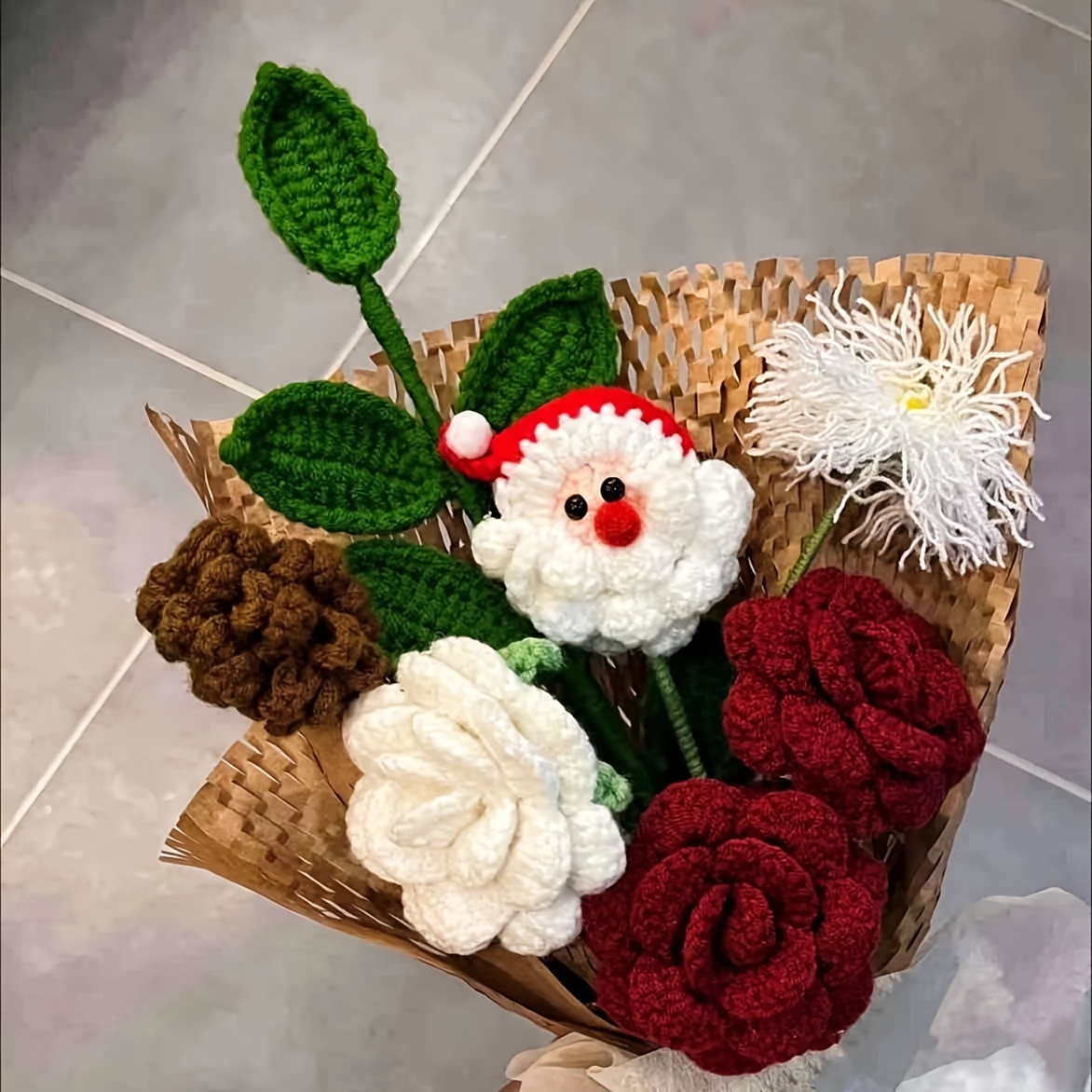 

Christmas Crochet Bouquet With Santa, Red Roses, Cotton, Pinecones - Tabletop Decor For Christmas, Spring, Summer, Fall - Festive Fabric Rose Plant Decoration