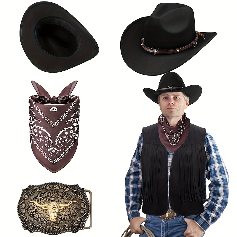 Kit Complet Accessoires Cowboy Adulte - 7 Pièces (chapeau, Holster, Bandana, Badge...) Pour Fête Western Et Halloween