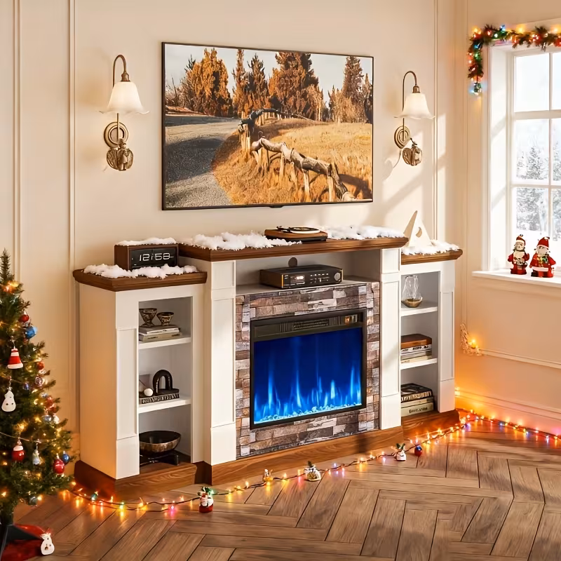 70-Inch Electric Fireplace TV Stand with Mantel - Modern Entertainment Center with Open Storage, LED Lights & Remote Control