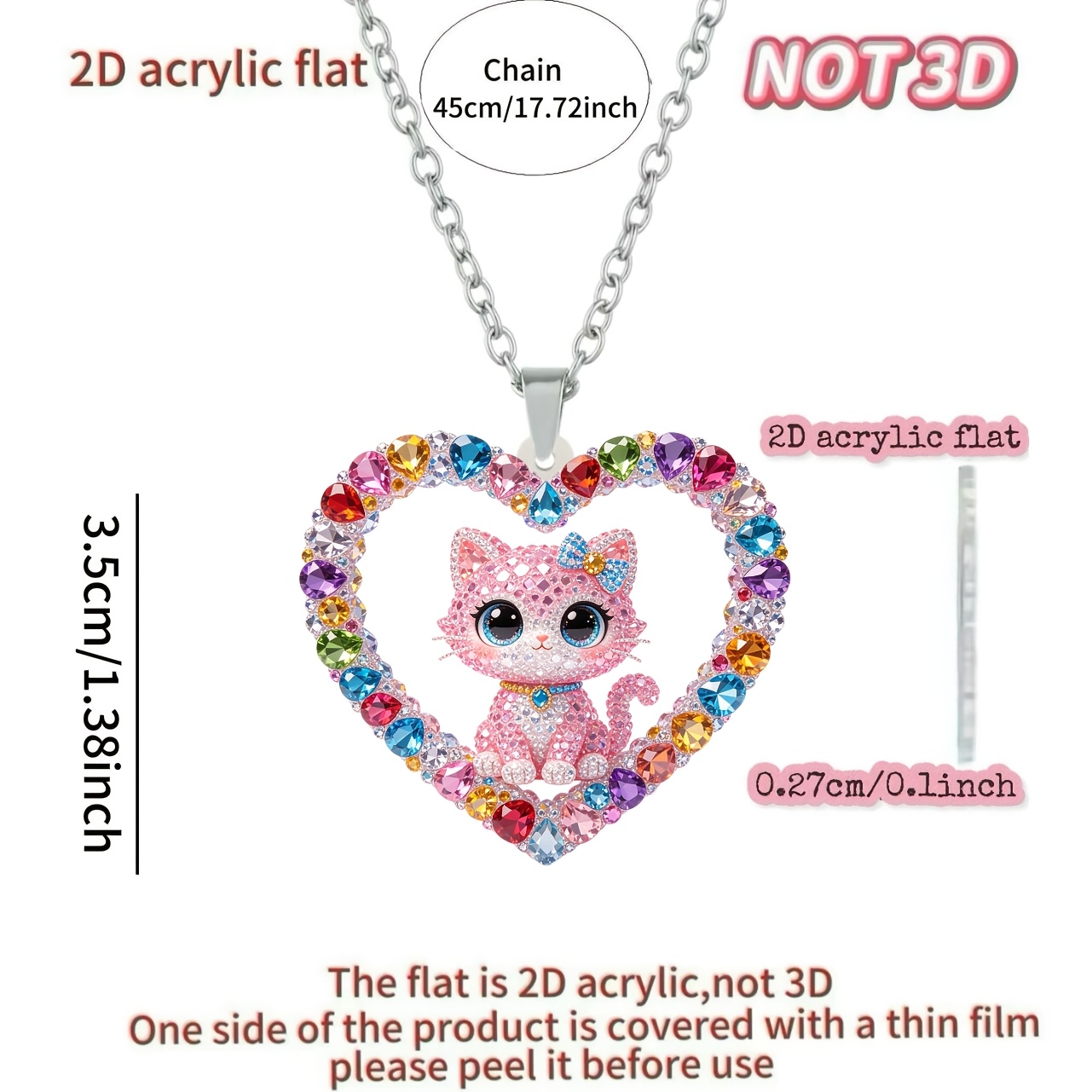 Image of 2d Flat, [2d Flat] 1pc, New Novelty Necklace, Cat In A Heart, Acrylic Printed Pattern, Women's Necklace, Fashionable Sweater Chain Pendant, Gift For Birthday Parties, 2d Flat